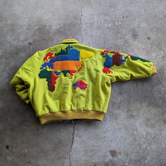 Vintage Nobuo Ikeda Lime Green Wool World Map Patch Bomber Jacket RARE Vintage - Picture 4 of 11